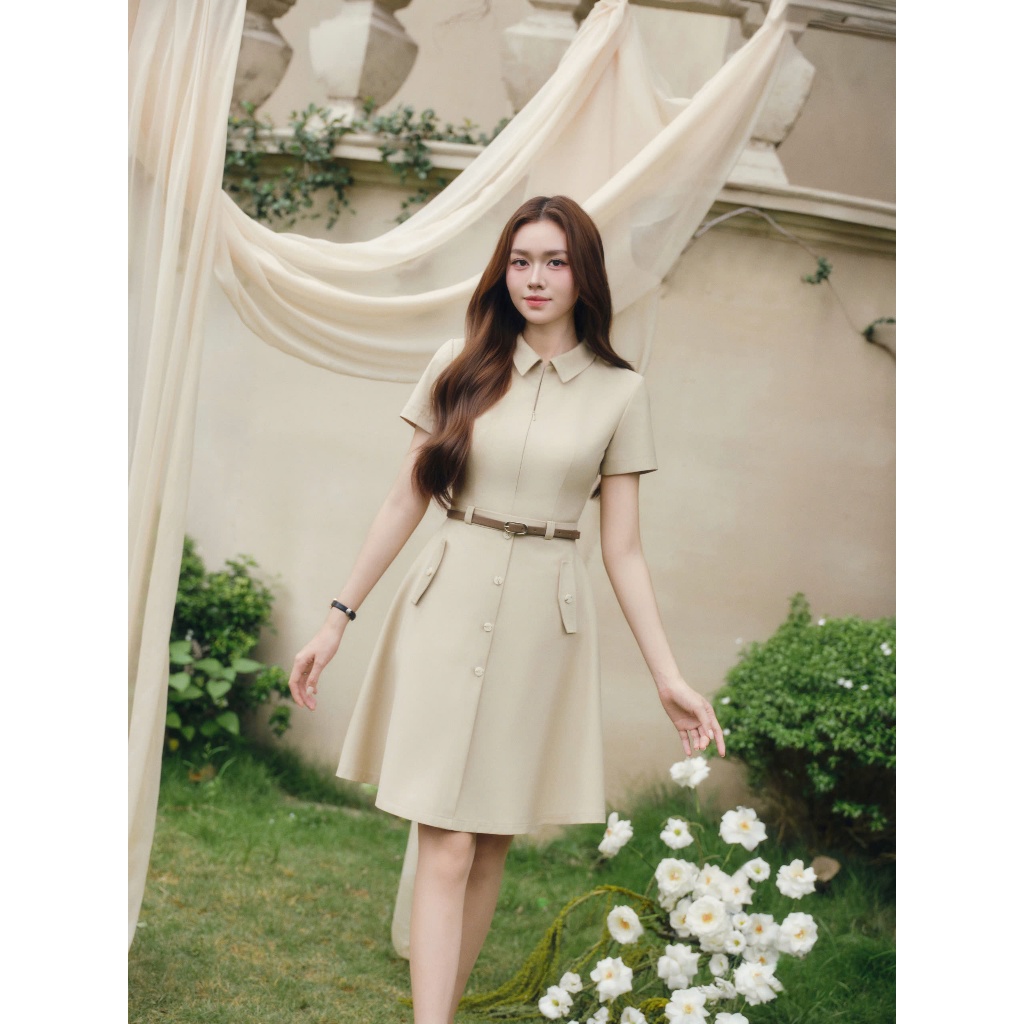 (QUIET BLOOM)  Váy dáng xòe chất liệu cao cấp cổ kéo khóa túi giả, thời trang thiết kế nữ Calie VX276 | BigBuy360 - bigbuy360.vn