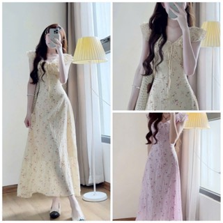  Đầm thời trang nữ chất xốp tay cánh tiên cổ V váy maxi dài xòe kèm lót tinh tế họa tiết hoa phong cách vintage nhẹ nhàng 
