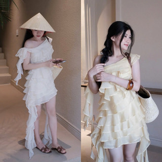  Đầm Váy Lệch Vai Cột Nơ Bèo Tầng Dáng Ngắn Tà Dài 2 Bên Đi Biển 