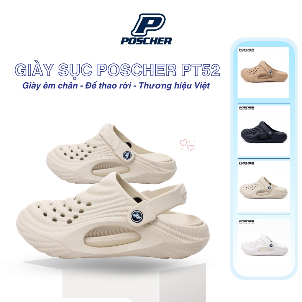( LÙI 1 SIZE) Giày Sục POSCHER Nam/Nữ Đế Tăng Chiều Cao 4cm, Lót Rời Chống Trơn Trượt, Đi Mưa Không Mùi, Mềm, Nhẹ PT52