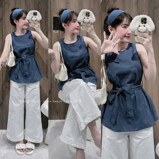  Set bộ thời trang Nữ áo sát nách cổ tròn cột dây eo vải jeans denim sang xịn phối quần dài kaki ống rộng trẻ trung 