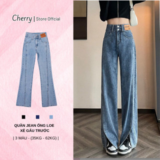 Quần jean ống suông rộng xẻ loe gấu CHERRY cạp cao dáng 2 cúc quần bò nữ ống đứng xẻ tà T069