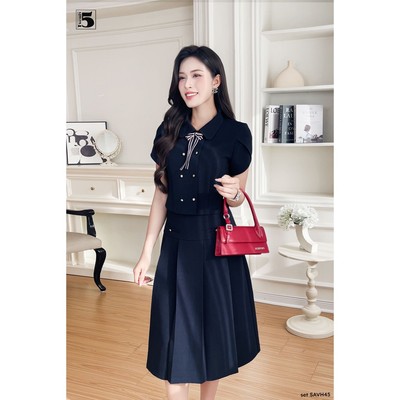 Set áo kiểu Twentyfive công sở đính nơ cổ và chân váy dài xếp ly thanh lịch SAVH45