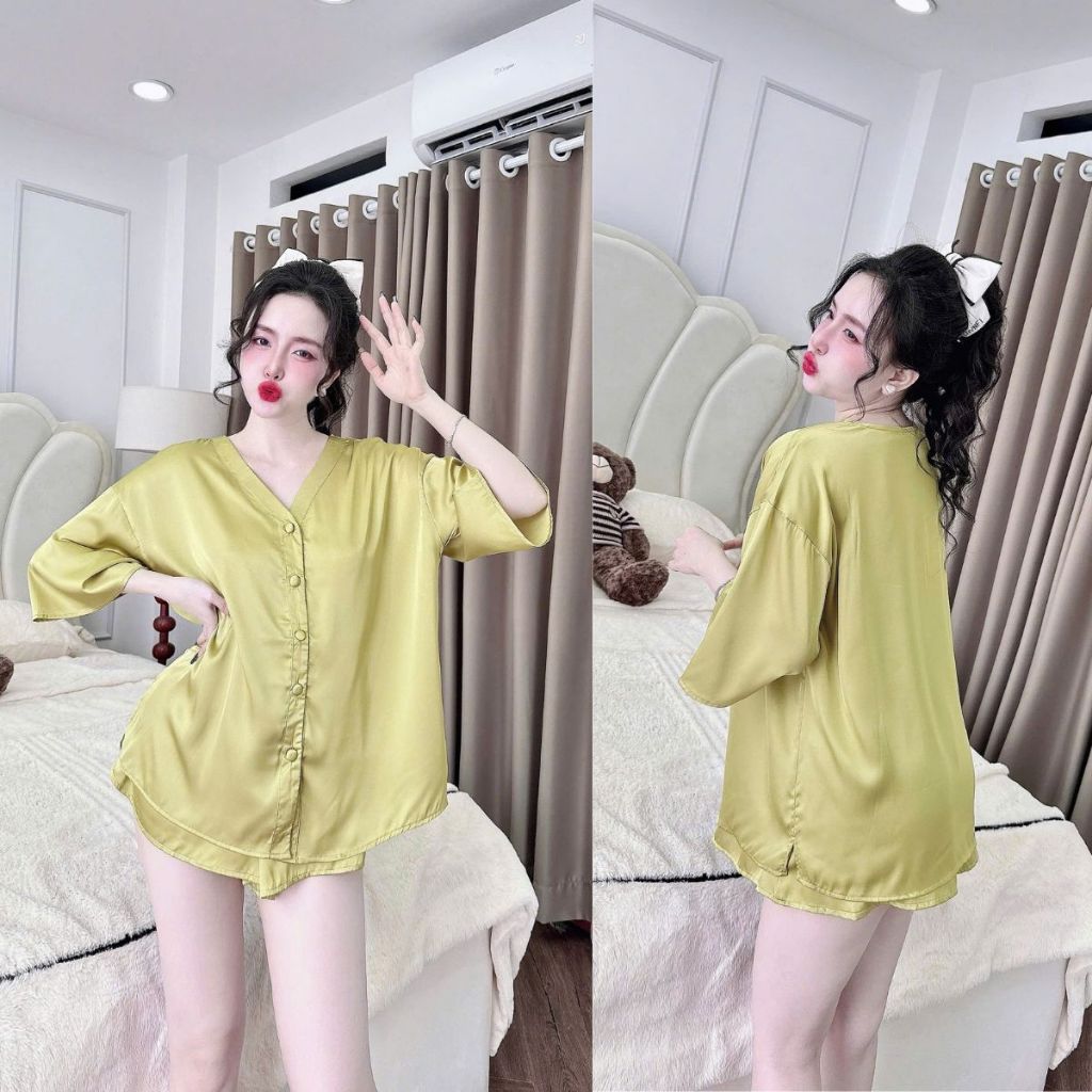 Đồ Ngủ Nữ Bigsize MIKY, Đồ Ngủ Bigsize lụa Latin cao cấp mềm mại xinh xắn cổ V nút bọc < 80KG | BigBuy360 - bigbuy360.vn