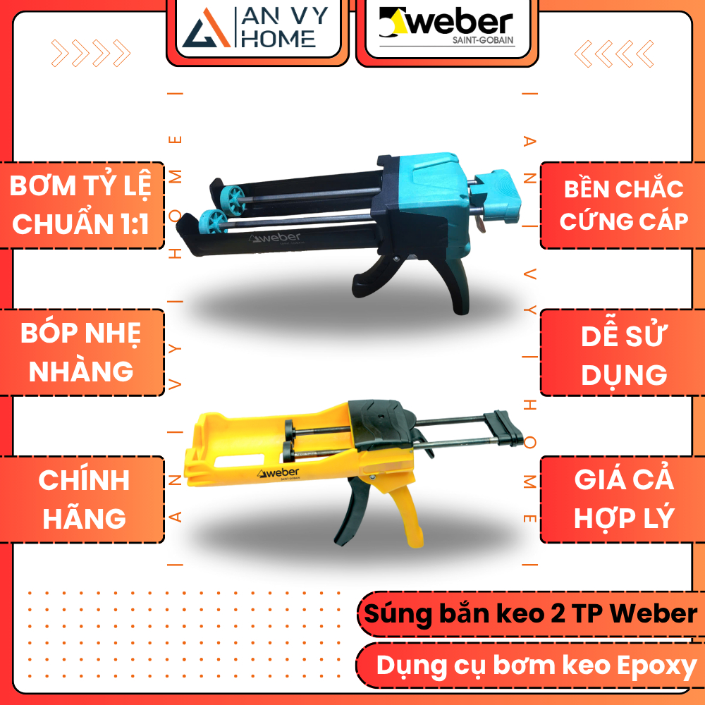 Súng bơm keo chà ron epoxy 2 thành phần Weber (Chính hãng) (Bơm keo đều tỷ lệ 1:1) (không bị hư keo)