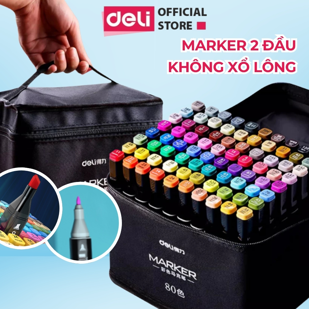 Bút Màu Marker Deli Hai Đầu Kèm Túi Vải Và Đế Cắm Bút Nhiều Loại - Bộ Bút Marker Chuyên Nghiệp Tô Manga Anime Mỹ Thuật