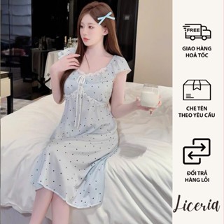 Váy Ngủ LICERIA Chất Lụa Băng Tay Ngắn Có Đệm Ngực Hoạ Tiết Chấm Bi Phối Ren Phong Cách Tiểu Thư Dễ Thương