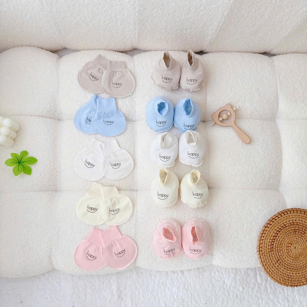 Set Bao Tay Bao Chân Happy Vải Thun Lạnh Mềm Mại Cho Bé Cho Bé 0-3 Tháng (HAPPY)