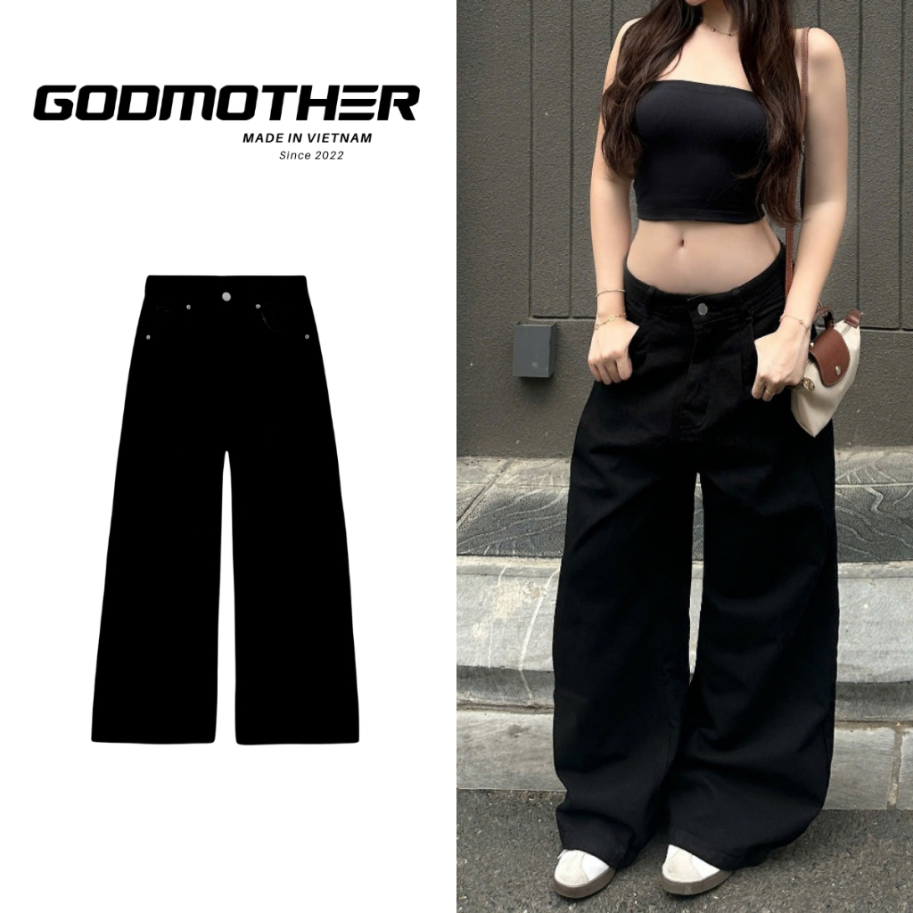 Quần Jean Đen Form Suông Rộng GODMOTHER Quần Jean Cạp Trễ Ống Suông Nam Nữ Unisex Thoải Mái