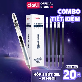 Combo Hộp Bút Gel Deli A575 Mực Gel 0.5mm Kèm 10 Ruột Bút Thay Thế Mực Đen, Xanh, Đỏ