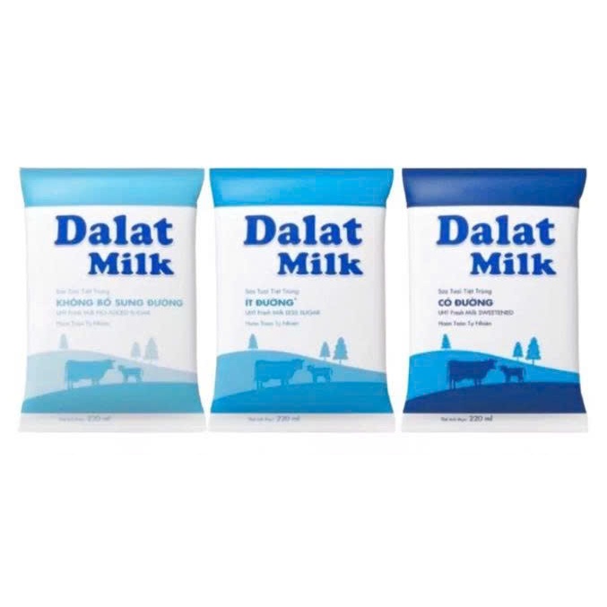 Thùng 48 bịch sữa DALAT MILK 220ml (có đường, ít đường, vị tự nhiên - không đường)