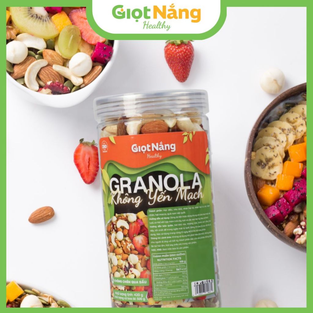 Granola 100% Hạt Và Quả Không Yến Mạch Ngũ Cốc Ăn Sáng Sạch Lành Healthy từ Nông Sản Giọt Nắng
