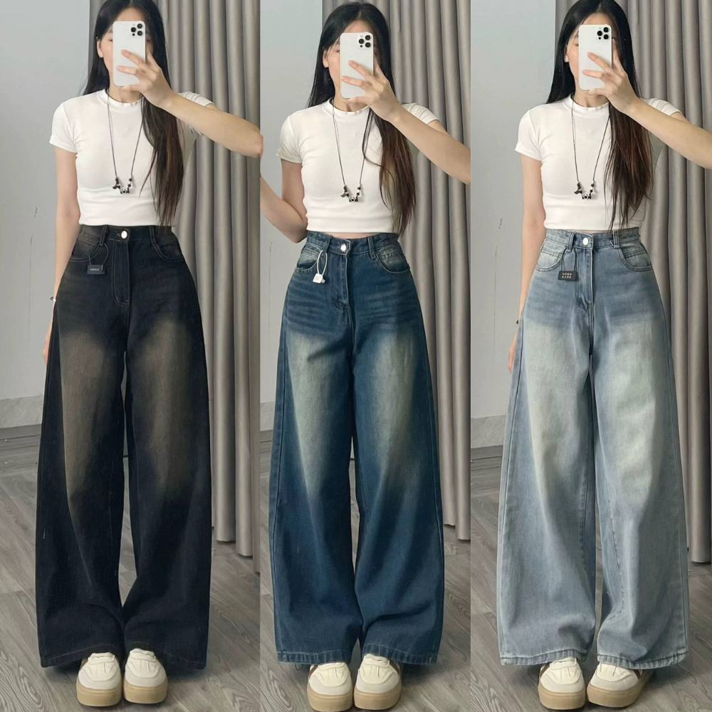 Quần jean nữ ống suông rộng đứng cạp cao MIAA túi dán ,quần bò jeans nữ đen ống rộng phong cách Retro Ulzzang 2024