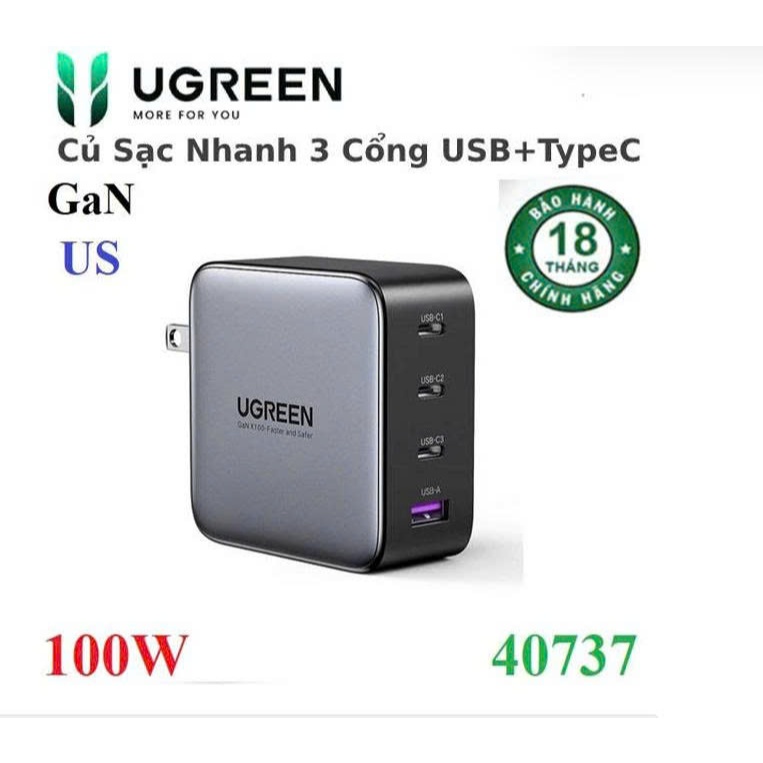 Củ sạc nhanh USB Type C 100W GaN Nexode Ugreen 40747 40737 CD226 (Sạc nhanh Laptop/điện thoại)