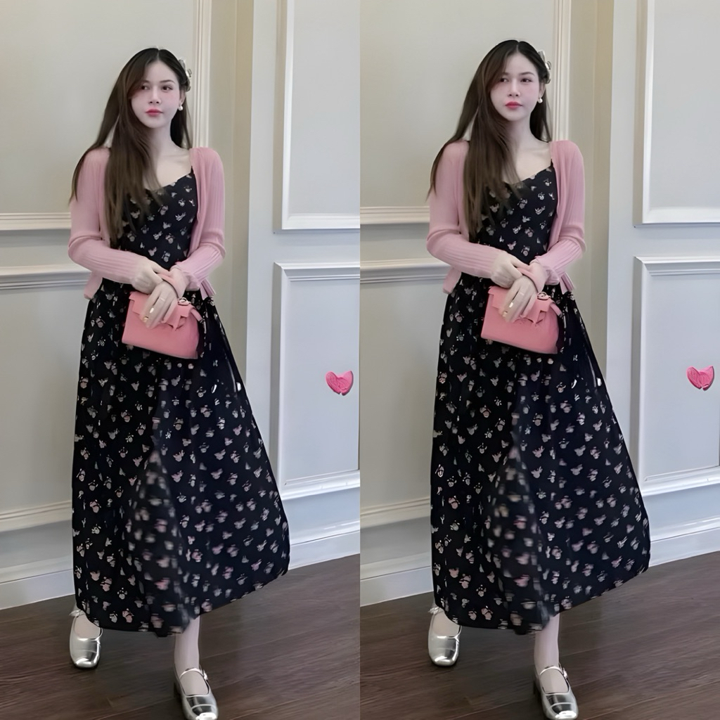 Set đầm hoa 2 dây dáng dài kèm áo khoác