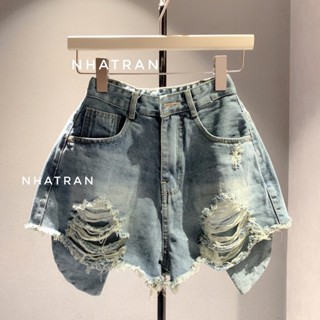 nhatran - Quần short jean nữ lưng cao rách túi lộ chất jean không dãn Cotton Pants Denim Women X69