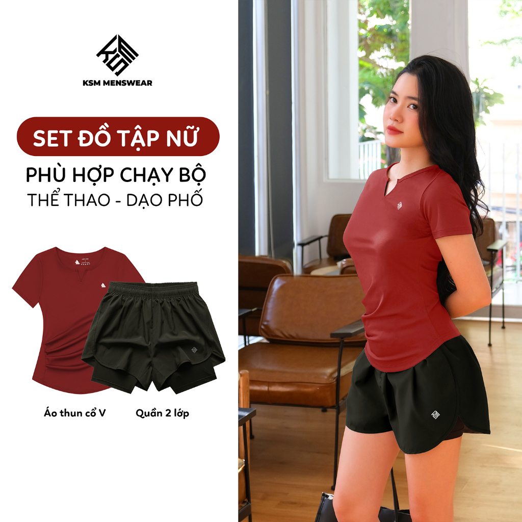 Set tập gym nữ thoáng mát gồm Áo thun cổ V và Quần 2 lớp chống lộ KSM, Bộ thể thao nữ phù hợp cầu lông, pickleball S0801