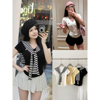 @cherryorder [CÓ SẴN] Áo Len Dệt Ngắn Tay Cổ Chữ V Thêu Ngựa Kèm Khăn