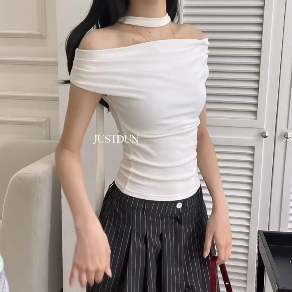 Áo trễ vai Justdun nữ tay ngắn thun cotton mềm mịn