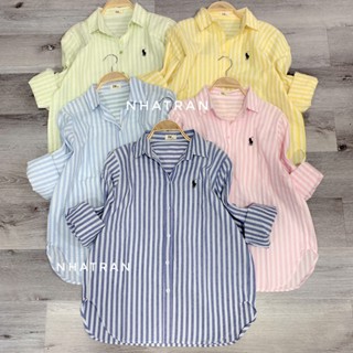 CHẤT MỎNG DẬP - Áo sơ mi nữ cổ bẻ tay dài sọc kẻ phom rộng vừa Top Women Pastel SỌC THÊU