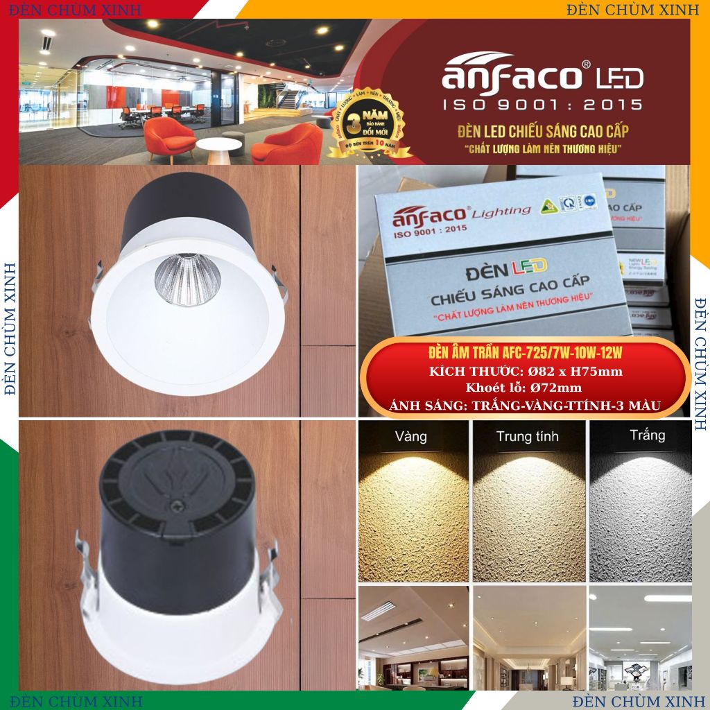[ ĐÈN CHÙM XIINH ] Đèn âm trần, đèn led downlight chính hãng ANFACO AFC-725/7W/10W12W
