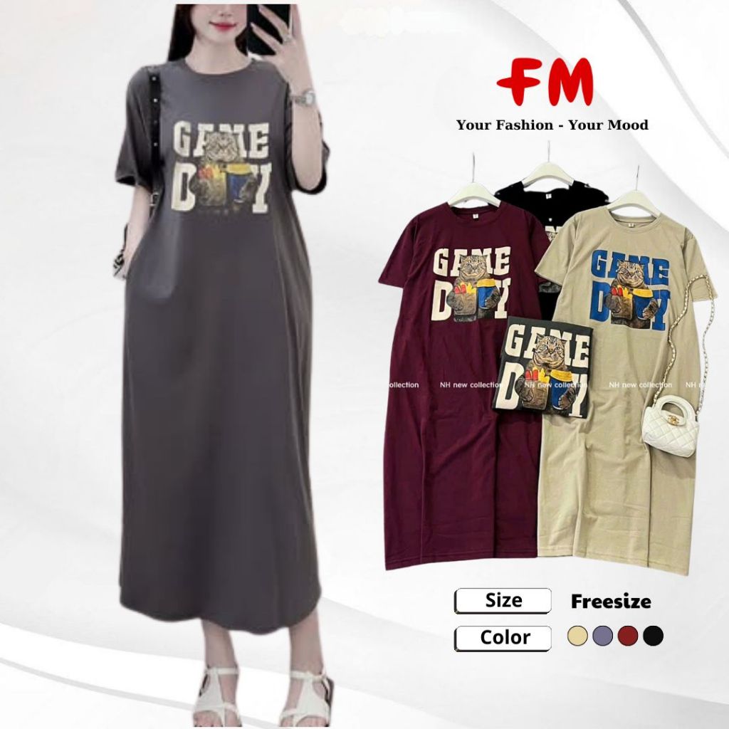 Váy Đầm Suông Nữ FMSTYLE tay ngắn in hình chú mèo GAME DY Công nghệ cao mang mát Freesize 25070251