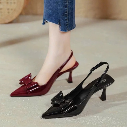 Giày cao gót nữ mũi nhọn hở gót , cao 7 cm , Đính nơ sang trọng, phong cách tiểu thư KM 005 | BigBuy360 - bigbuy360.vn