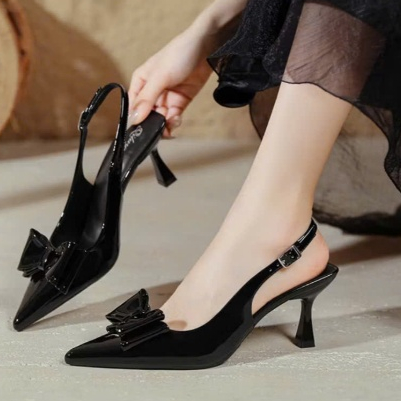 Giày cao gót nữ mũi nhọn hở gót , cao 7 cm , Đính nơ sang trọng, phong cách tiểu thư KM 005 | BigBuy360 - bigbuy360.vn