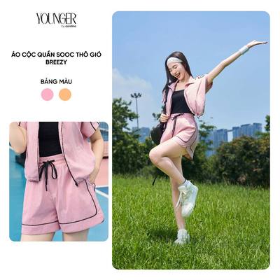 Đồ bộ nữ YOUNGER BY CARDINA tách set vải thô gió áo cộc tay quần đùi viền thể thao 5YGNF03 5YQSA12