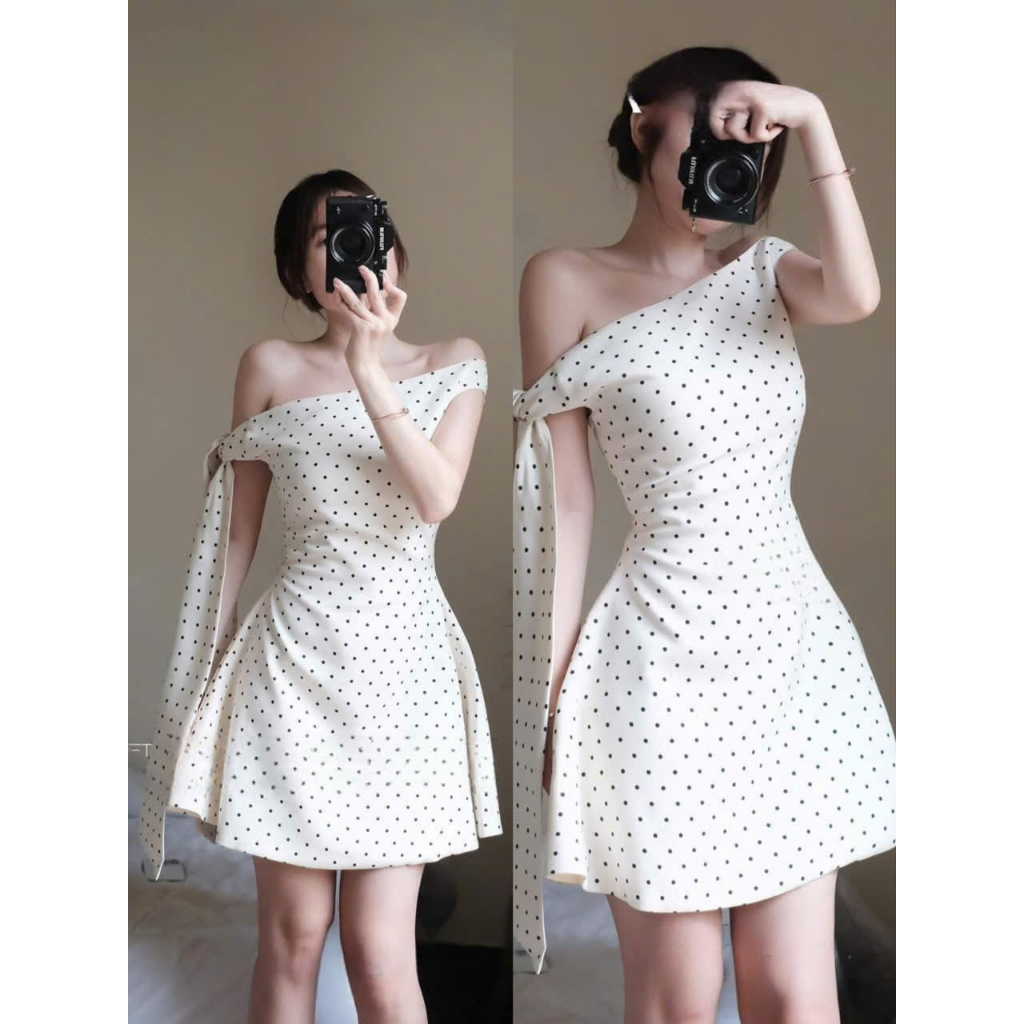 Váy Jena Thiết Kế Dáng Ngắn Xòe Nhẹ, Đầm Lệch Vai Chấm Bi Ngọt Ngào Đáng Yêu Glamchic | BigBuy360 - bigbuy360.vn