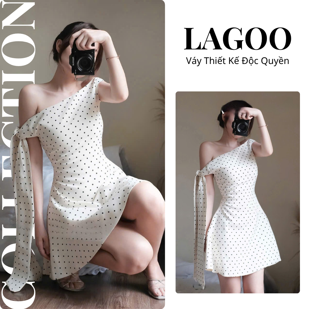 Váy Jena Thiết Kế Dáng Ngắn Xòe Nhẹ, Đầm Lệch Vai Chấm Bi Ngọt Ngào Đáng Yêu Glamchic | BigBuy360 - bigbuy360.vn