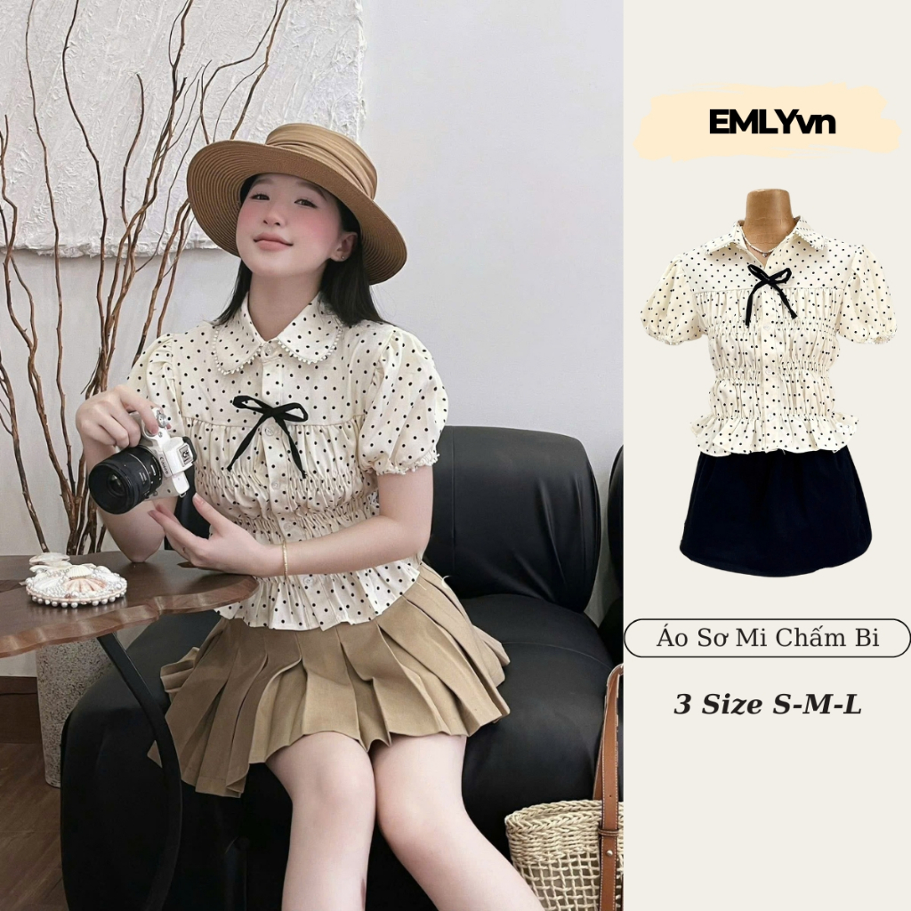EMLYvn - Áo Sơ Mi Chấm Bi Nữ Cộc Tay Phối Ren Cổ Sen KÈM NƠ, Áo Sơ Mi Nữ Kiểu Bo Chun Dáng Babydoll