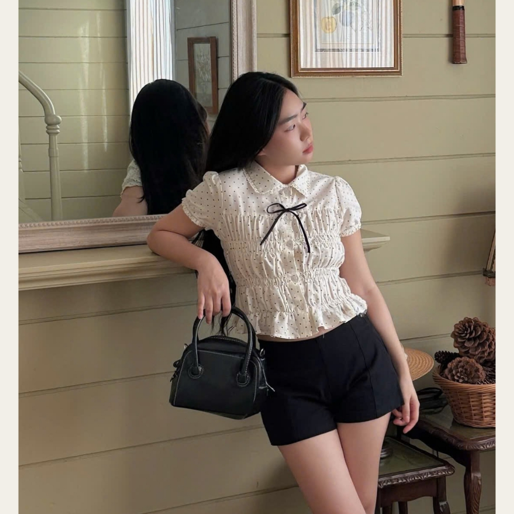 EMLYvn - Áo Sơ Mi Chấm Bi Nữ Cộc Tay Phối Ren Cổ Sen KÈM NƠ, Áo Sơ Mi Nữ Kiểu Bo Chun Dáng Babydoll | BigBuy360 - bigbuy360.vn