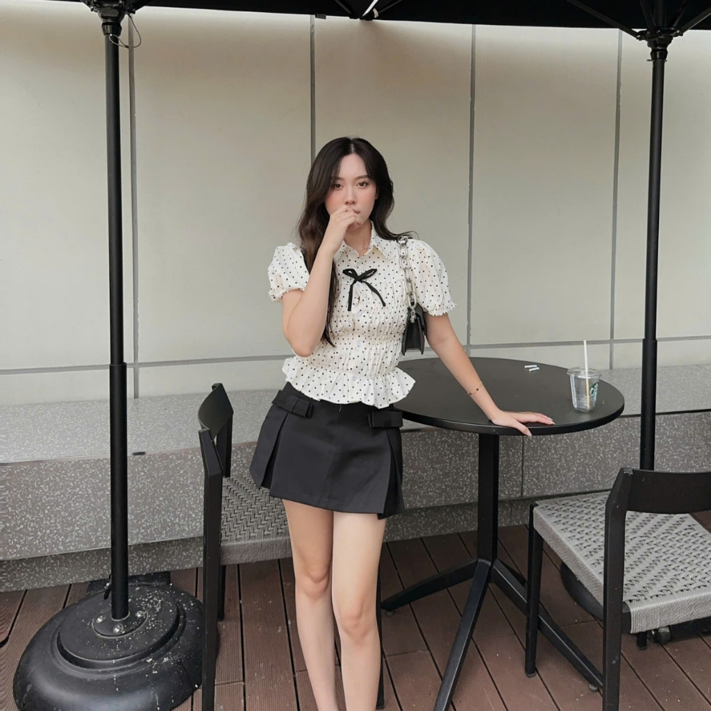 EMLYvn - Áo Sơ Mi Chấm Bi Nữ Cộc Tay Phối Ren Cổ Sen KÈM NƠ, Áo Sơ Mi Nữ Kiểu Bo Chun Dáng Babydoll | BigBuy360 - bigbuy360.vn