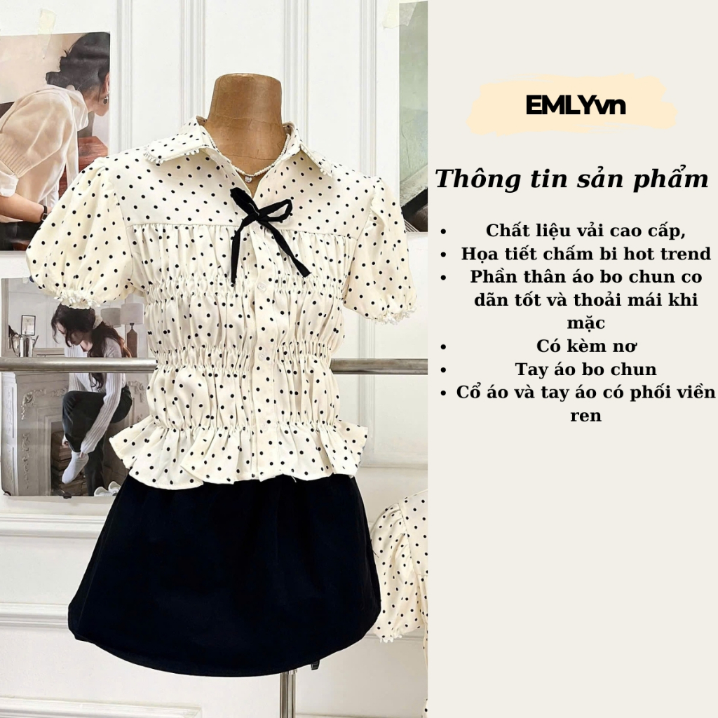 EMLYvn - Áo Sơ Mi Chấm Bi Nữ Cộc Tay Phối Ren Cổ Sen KÈM NƠ, Áo Sơ Mi Nữ Kiểu Bo Chun Dáng Babydoll | BigBuy360 - bigbuy360.vn