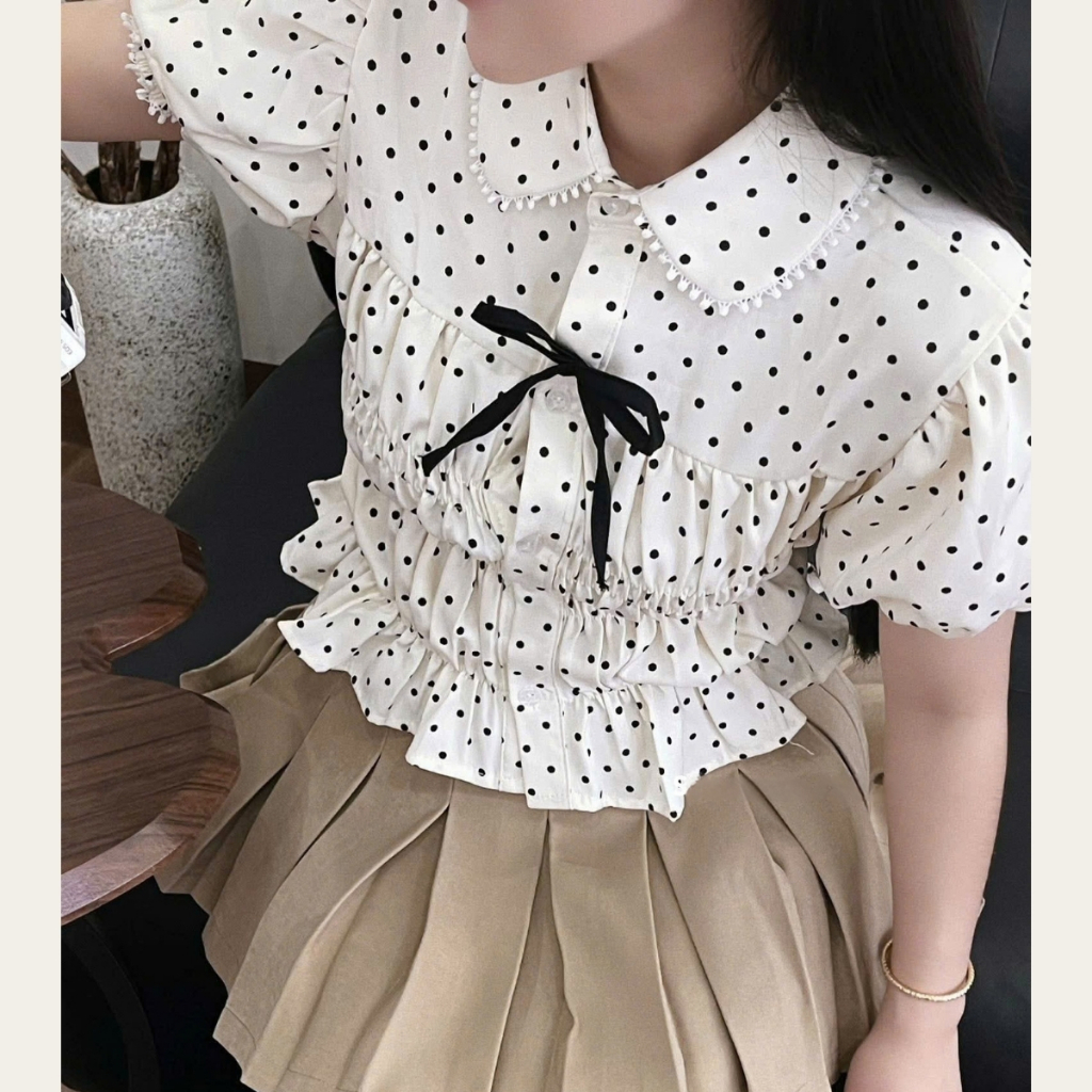 EMLYvn - Áo Sơ Mi Chấm Bi Nữ Cộc Tay Phối Ren Cổ Sen KÈM NƠ, Áo Sơ Mi Nữ Kiểu Bo Chun Dáng Babydoll | BigBuy360 - bigbuy360.vn