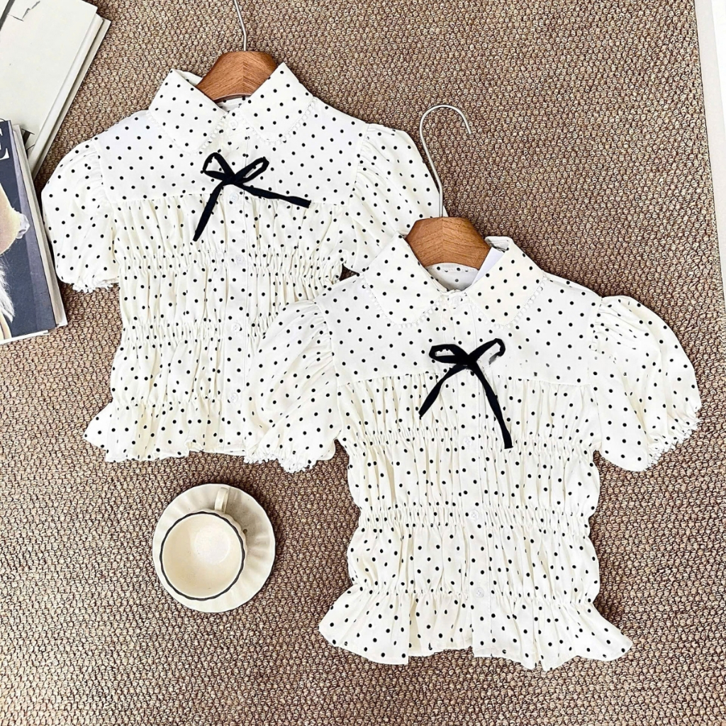 EMLYvn - Áo Sơ Mi Chấm Bi Nữ Cộc Tay Phối Ren Cổ Sen KÈM NƠ, Áo Sơ Mi Nữ Kiểu Bo Chun Dáng Babydoll | BigBuy360 - bigbuy360.vn