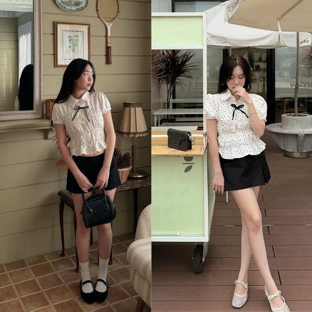 EMLYvn - Áo Sơ Mi Chấm Bi Nữ Cộc Tay Phối Ren Cổ Sen KÈM NƠ, Áo Sơ Mi Nữ Kiểu Bo Chun Dáng Babydoll | BigBuy360 - bigbuy360.vn