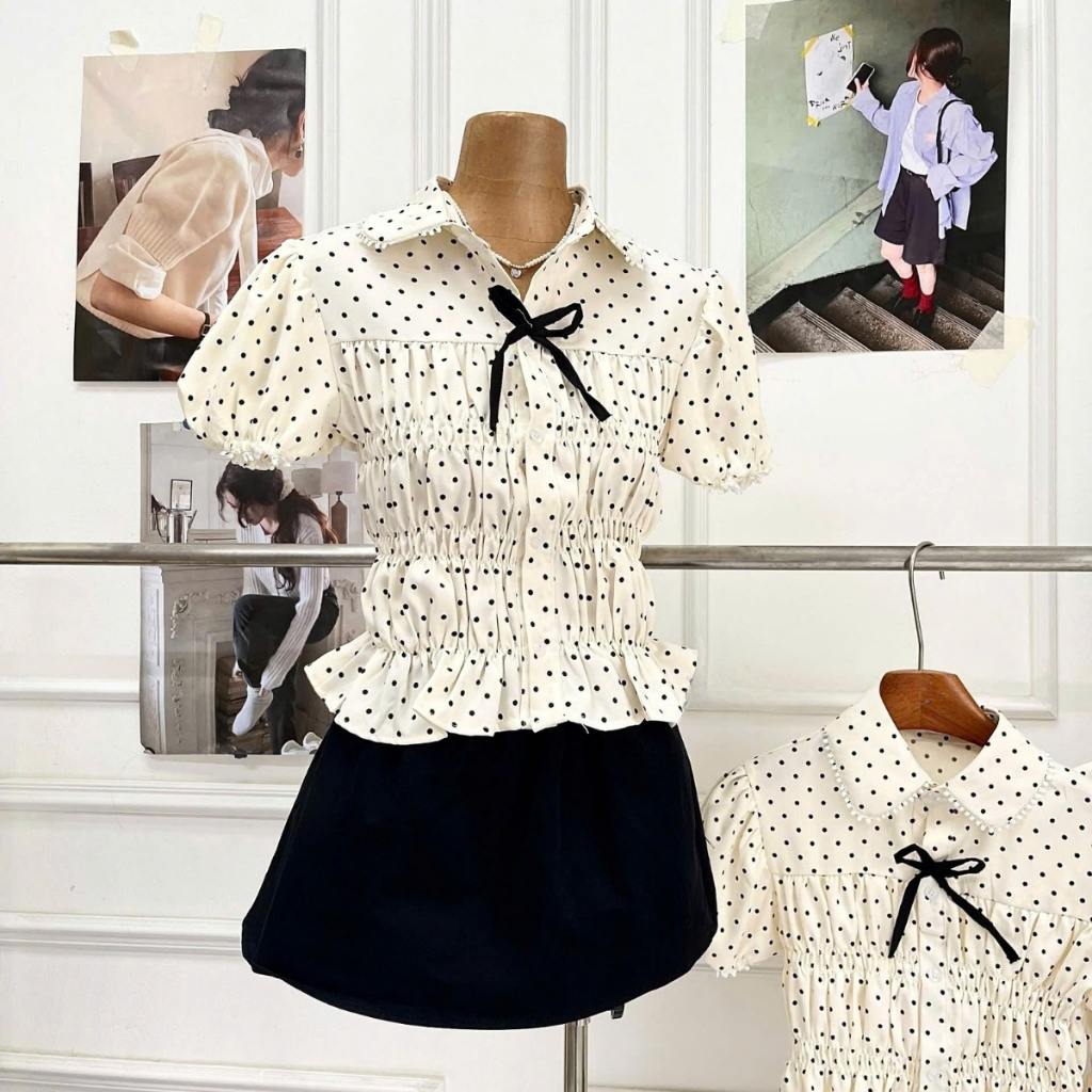 EMLYvn - Áo Sơ Mi Chấm Bi Nữ Cộc Tay Phối Ren Cổ Sen KÈM NƠ, Áo Sơ Mi Nữ Kiểu Bo Chun Dáng Babydoll | BigBuy360 - bigbuy360.vn