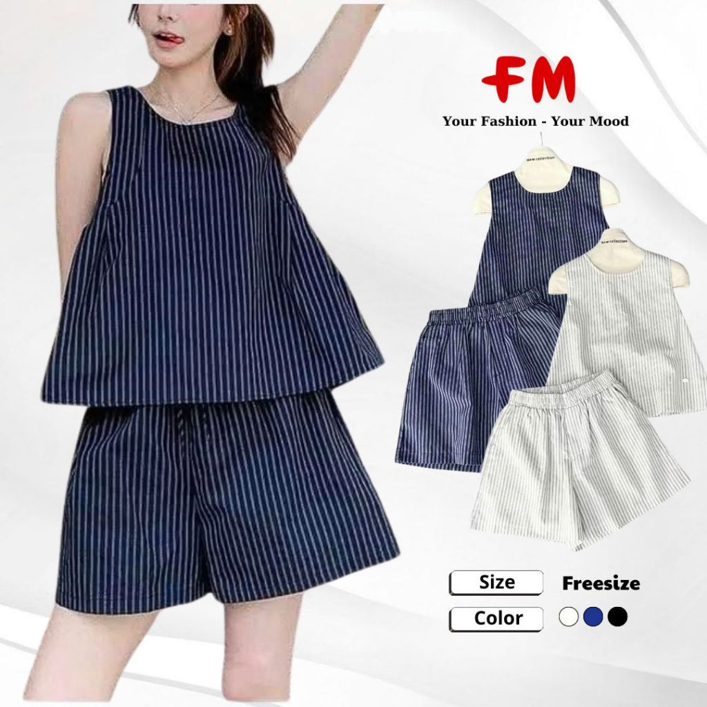 Set Đồ Bộ Nữ Ngắn FMSTYLE Quần đùi kẻ + Áo sát nách kẻ sọc mang mát mẻ thoải mái Freesize 25062063