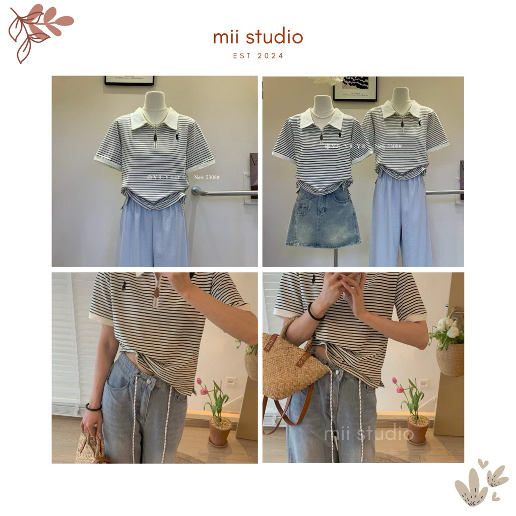 【Y8 Style x Ảnh thật】 Áo polo kẻ sọc đen trắng thêu ngựa trước ngực có khoá kéo
