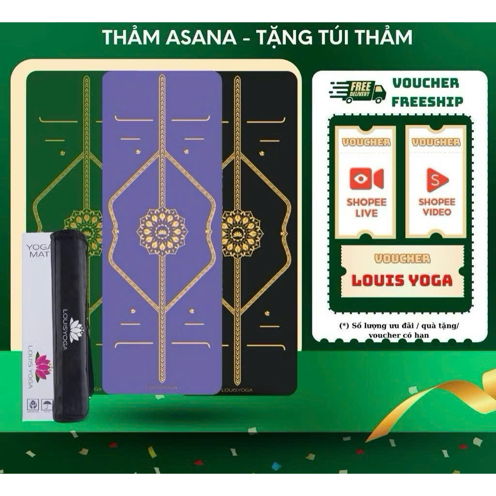 Thảm tập yoga cao xu Louis Yoga asana cao cấp, thảm yoga định tuyến thấm hút môt hôi tặng kèm túi