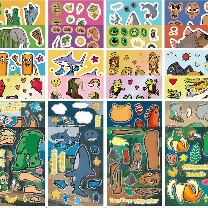 Nhãn dán set 8, 16 Sticker nhân vật hoạt hình Brainrot, Tung tung Sahur, Tralalero