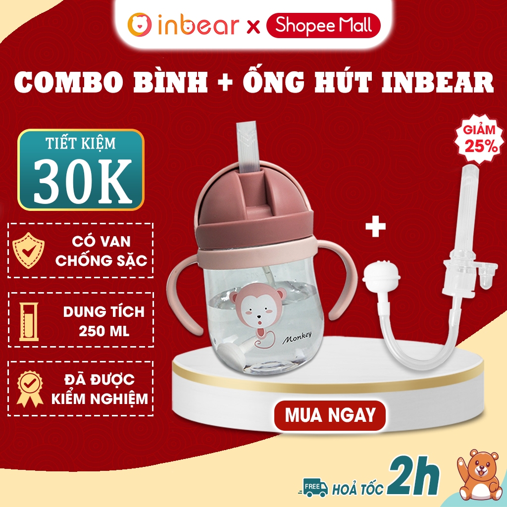  Combo Bình Tập Hút Cho Bé Inbear 250ml Đủ Phụ Kiện + Ống Hút Thay Thế Bình 250ml - Bình Tập Uống 