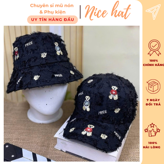 Mũ Bucket rộng vành họa tiết gấu free form unisex nam nữ - ẢNH THẬT - Nón tai bèo cao cấp M02