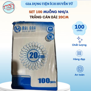 Set 100 Thìa Muỗng Nhựa Trắng Cán Dài 20cm – Muỗng Dùng Cho Cốc 700ml, Cốc Sinh Tố – Chắc Chắn, Tiện Lợi