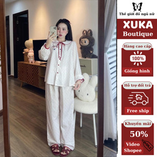 Bộ ngủ dài tay nữ, bộ pijama nữ cổ sen họa tiết chấm bi đỏ nổi bật chất mát mẻ mặc mùa hè XUKA BOUTIQUE hcom3208