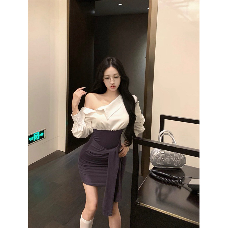 Đầm body sơ mi lệch vai tay dài TABISHOP Váy body nữ buộc dây eo lạ mắt đi học đi làm đi chơi(179) | BigBuy360 - bigbuy360.vn