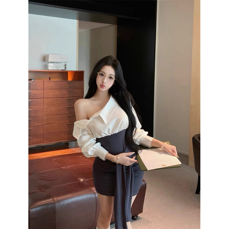 Đầm body sơ mi lệch vai tay dài TABISHOP Váy body nữ buộc dây eo lạ mắt đi học đi làm đi chơi(179) | BigBuy360 - bigbuy360.vn