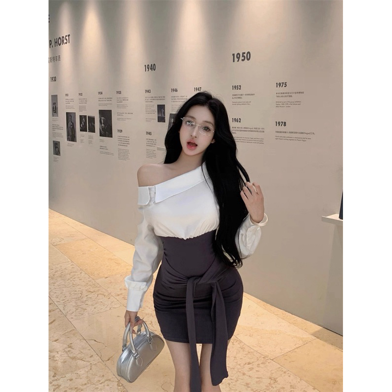 Đầm body sơ mi lệch vai tay dài TABISHOP Váy body nữ buộc dây eo lạ mắt đi học đi làm đi chơi(179) | BigBuy360 - bigbuy360.vn